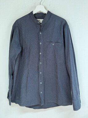 Lee Valley Ireland Mens Navy Pinstripe Band Collar Shirt Size Large Long Sleeve